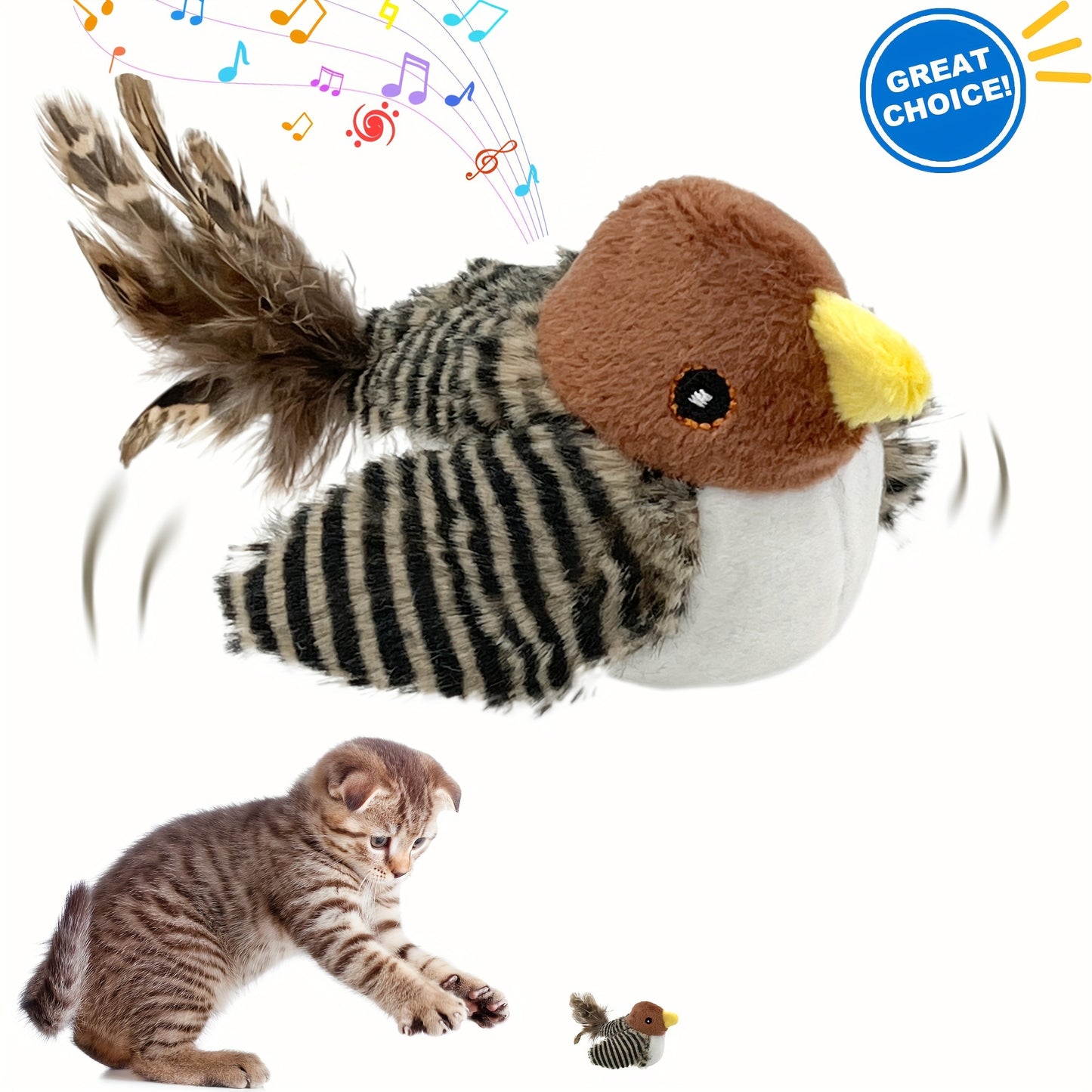 Sparrow-shaped fabric pet toy with animal print, battery-operated. Safe button battery for interactive play with cats of all sizes.