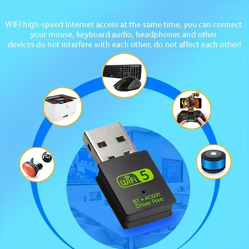 600Mbps Dual Band USB WiFi Wireless Adapter, 2.4/5Ghz Mini Dongle PC/Laptop uchun.