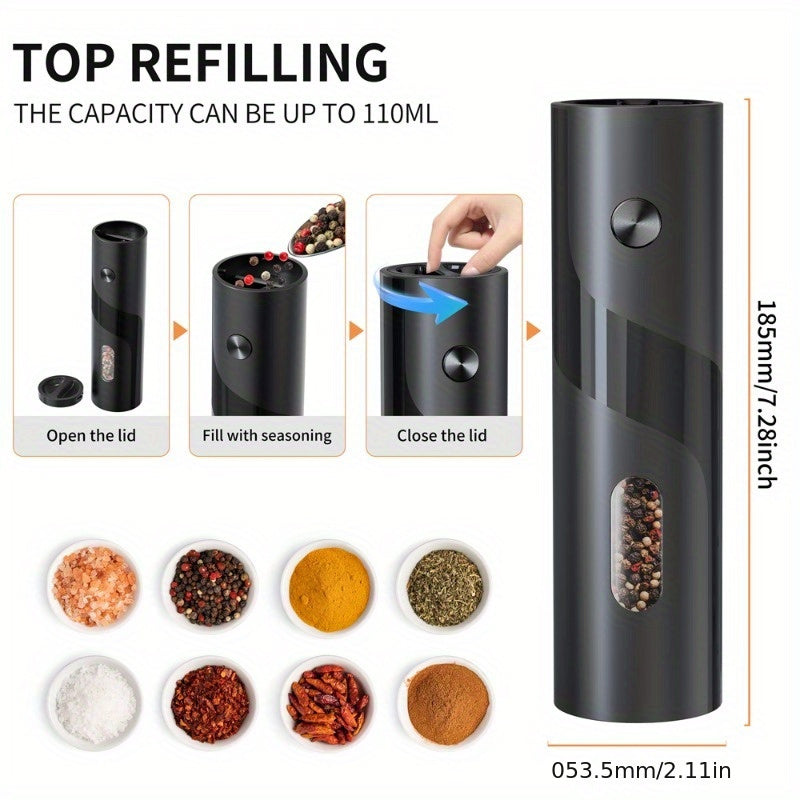 This electric salt and pepper grinder is adjustable for coarseness, refillable, battery-operated, and automatic. It is an essential kitchen gadget with a square shape and a capacity of over 10L. This grinder requires 4 AAA batteries (not included) for