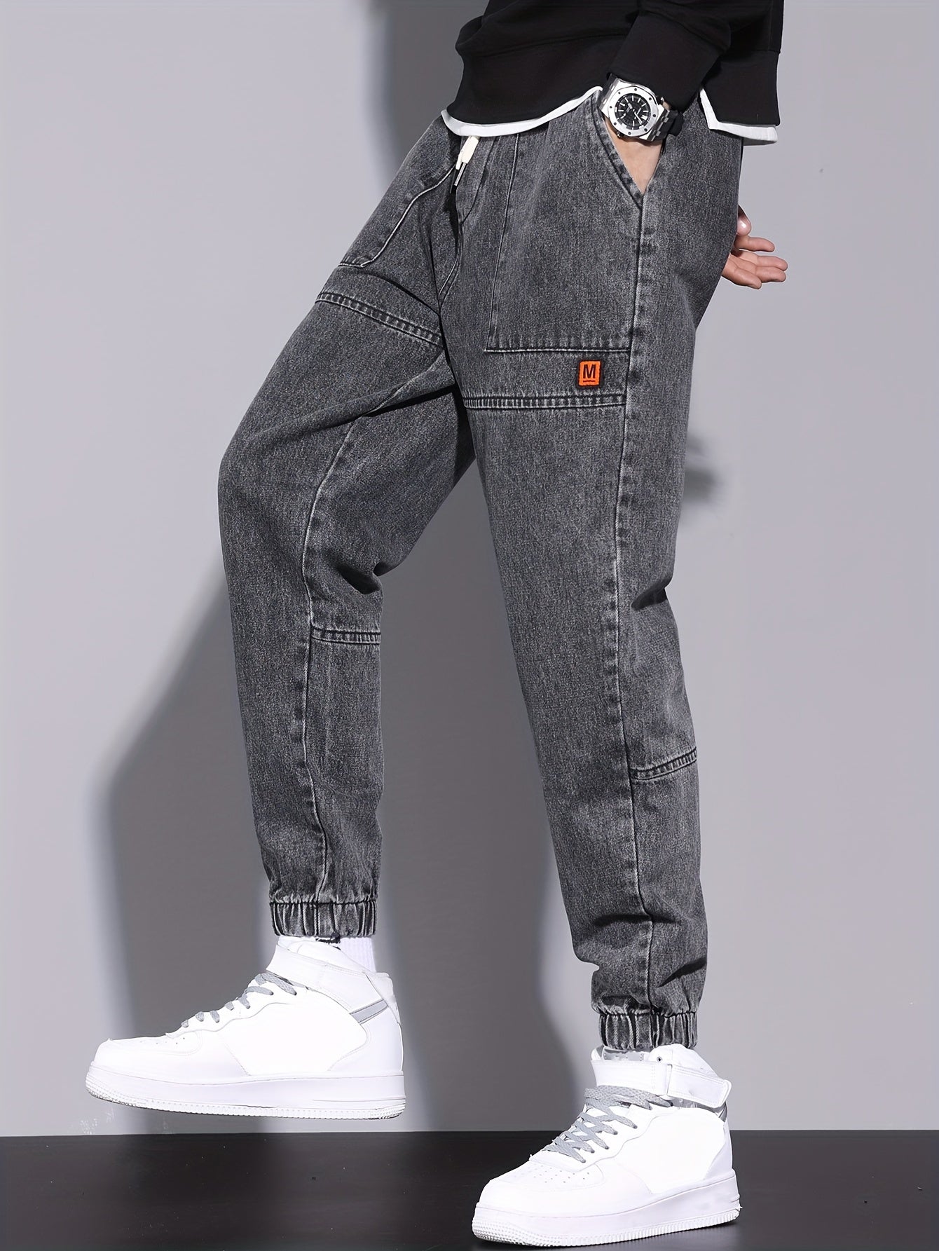 Men's harem jeans with elastic drawstring waist, perfect for all seasons.