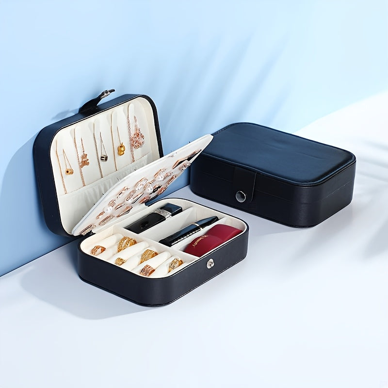 Luxurious PU leather jewelry storage box with locking case, multi-compartment organizer for earrings, necklaces, and rings. Elegant desktop organizer for home or office, no power needed.