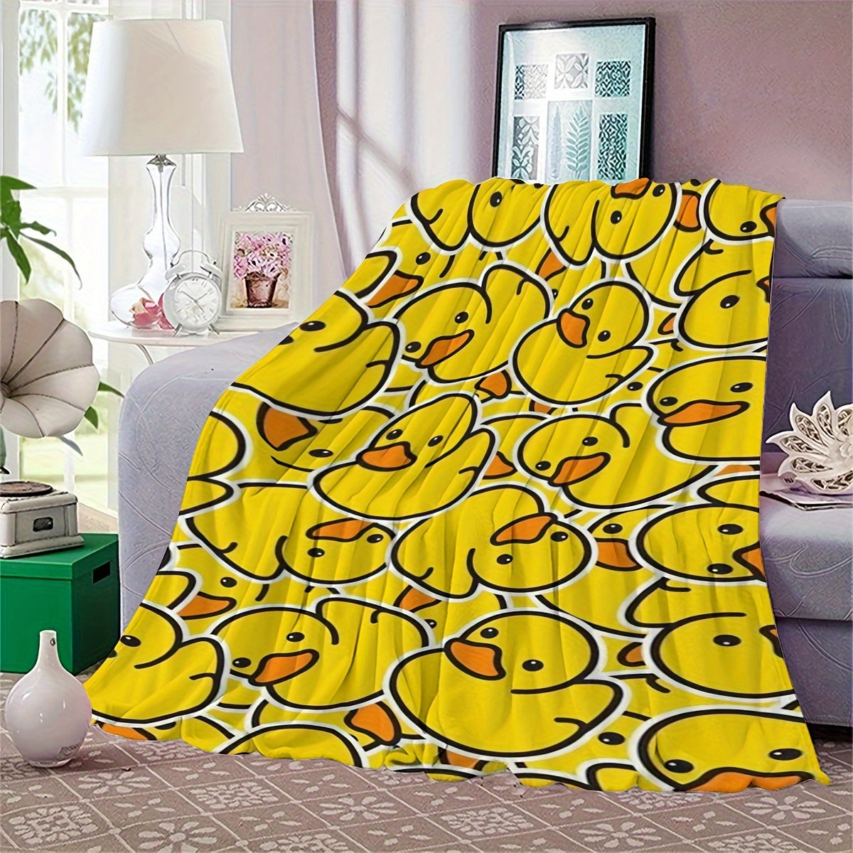 Yellow Duck Print Throw Blanket with a Contemporary Animal Theme - Made with All-Season Polyester Knit Fabric, Digital Print Perfect for Office Naps & Outdoor Use - Lightweight, Soft, and Cozy - Weighs 200-250 g/㎡