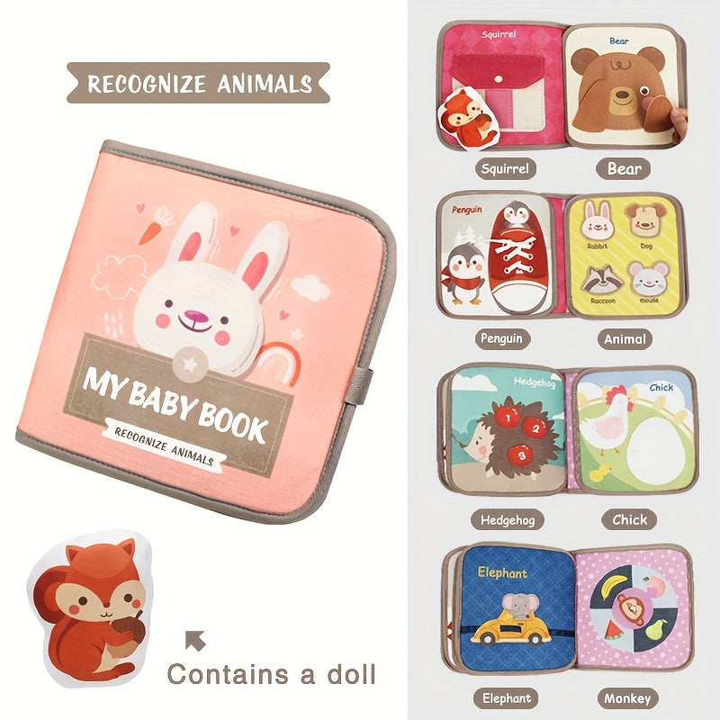 Soft cloth book toy durable and tear-resistant, ideal for educational purposes and quiet play for youngsters to learn animals, vegetables, fruits, numbers, and shapes.