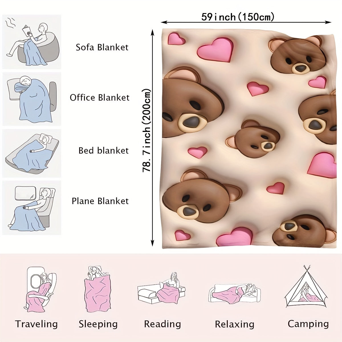 Get your hands on this adorable bear-patterned blanket for ultimate comfort! Made from super soft materials, this high-definition patterned blanket is perfect for any room in the house, as well as for traveling or giving as a thoughtful gift.