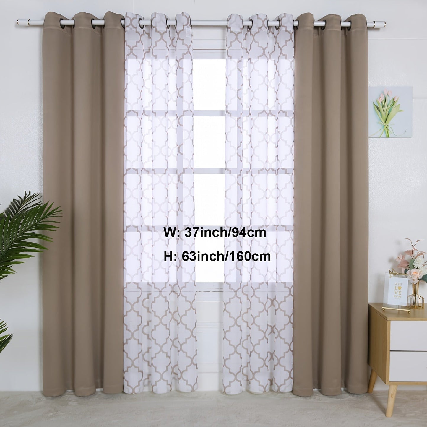 Blackout Curtains and Sheer Panels with Snowflake Pattern, Including Rods, Indoor Set of 4, Weighing 200 Grams in Total.