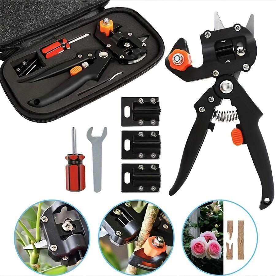 Gardening grafting tool set includes 3 cutting blades, screwdriver, small wrench, special storage bag, pruning shears, cutting knife, and grafting shears with 3 cutting types.