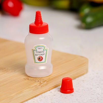 Set of 4 mini sauce bottles for salads, ketchup, honey, and soy sauce - BPA-free plastic dispensers for kitchens and restaurants.