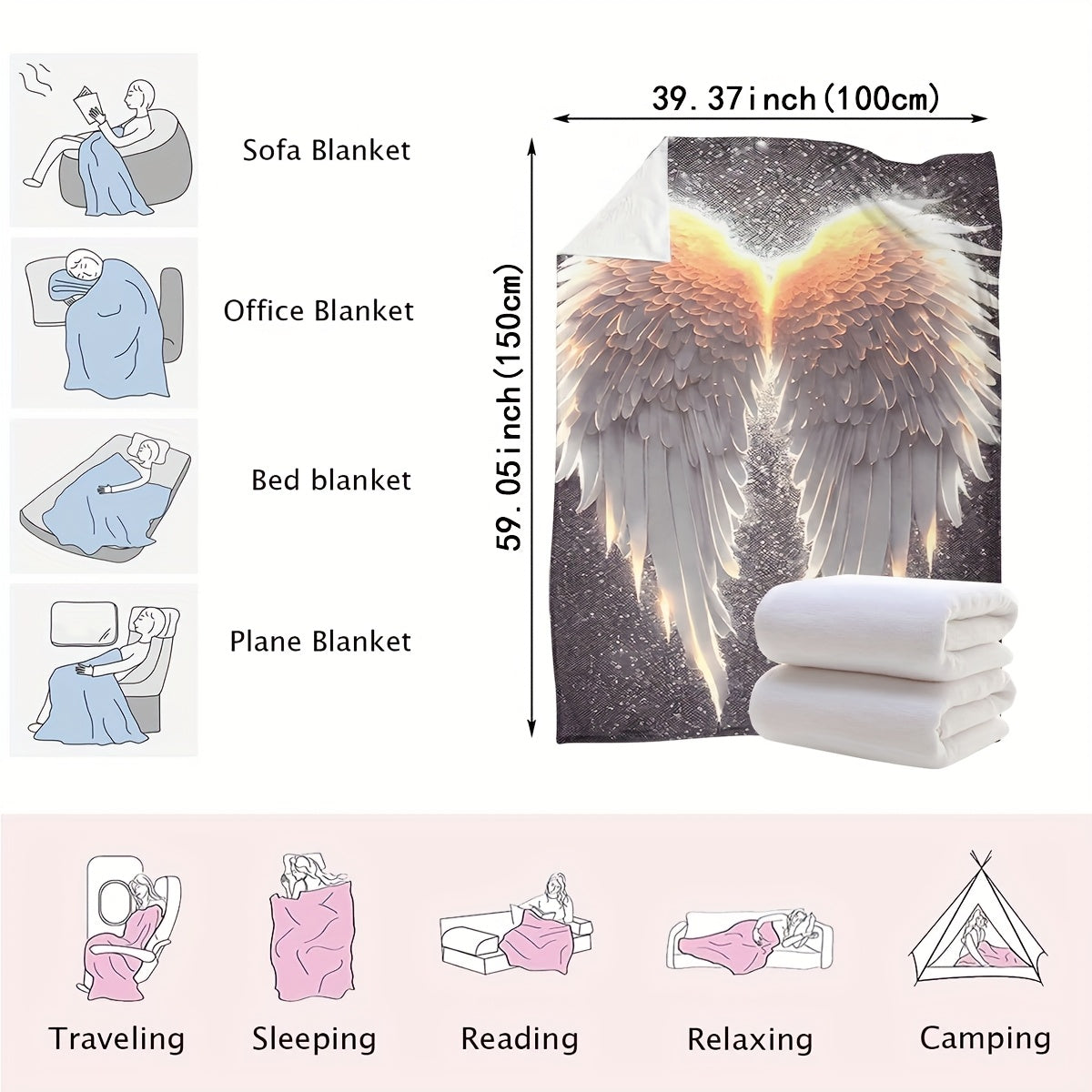 Contemporary Glowing Wings Print Flannel Blanket - Soft and Cozy Polyester Knit Throw for All Seasons, Perfect for Sofa, Travel, Bedroom, and Car - Lightweight and Vibrant Digital Print Bedding Option, 200-250gsm