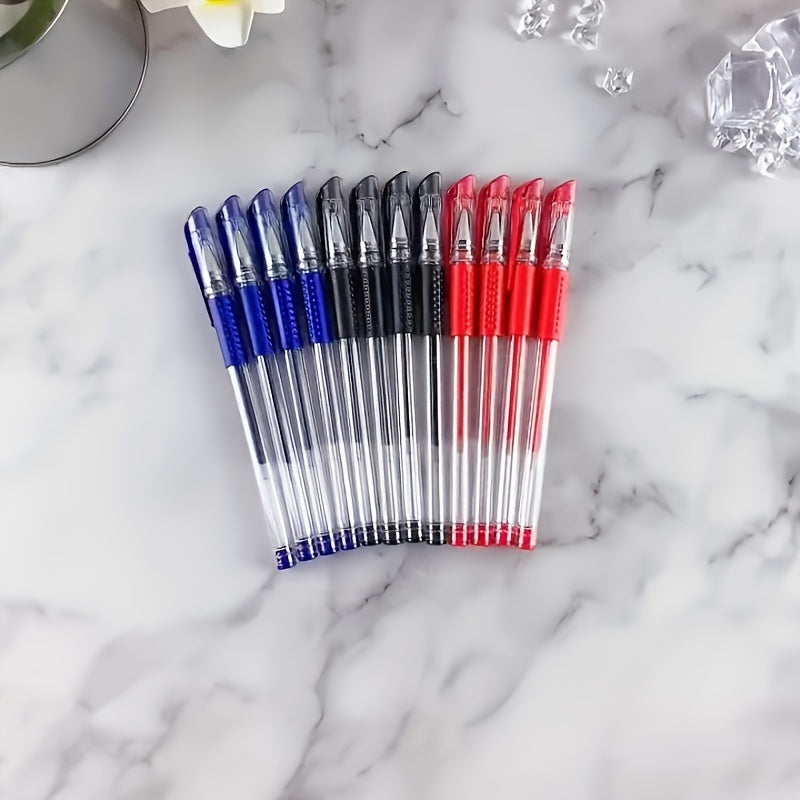 18-piece gel pen set in black, blue, and red ink colors, perfect for school or office use.