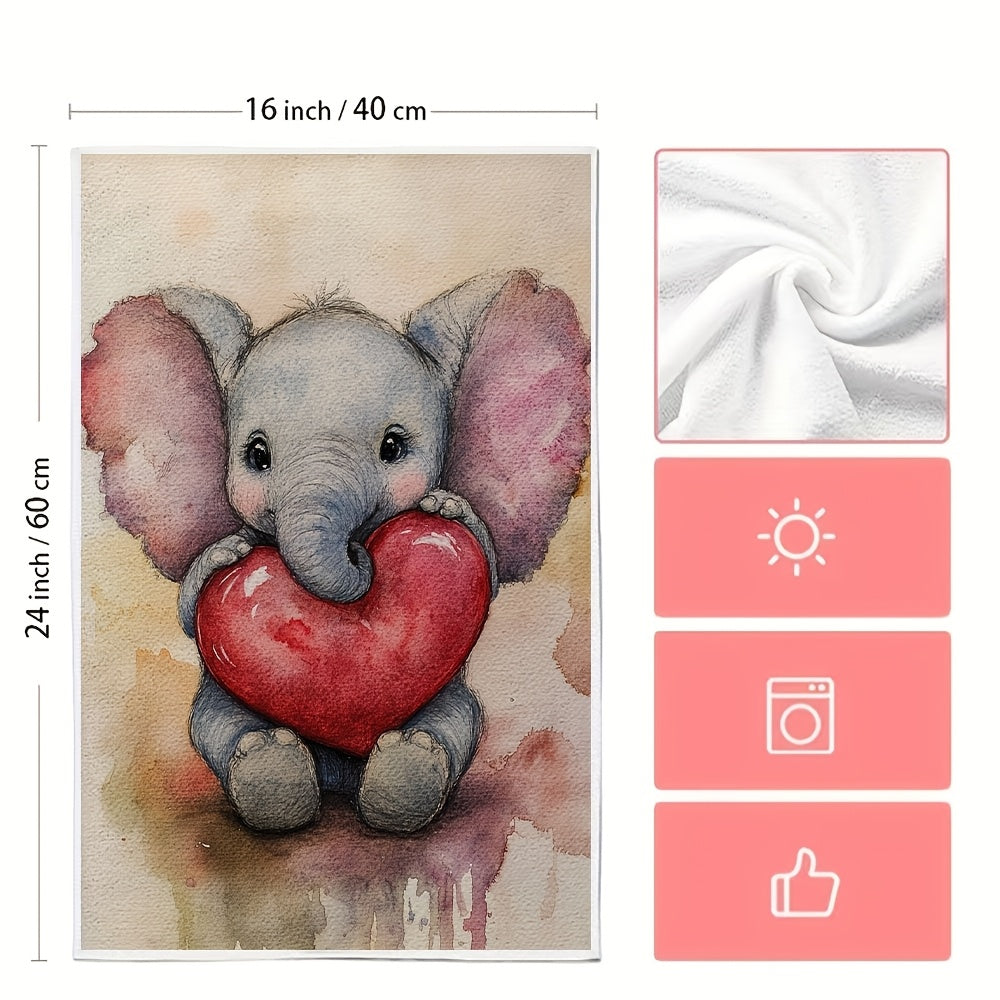 Pair of 2 incredibly soft kitchen towels with a charming baby elephant print, great for celebrating Valentine's Day. These super absorbent dish towels are easy to clean in the washing machine and come in a generous size of 40.64x60.96 cm, making them