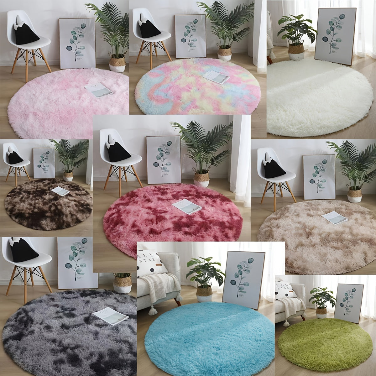 Large round area rug made of soft plush shaggy material, featuring a non-slip and waterproof design. This polyester fiber rug can be hand washed and is perfect for adding a cozy touch to your living room, bedroom, nursery, game room, dorm, or teen room