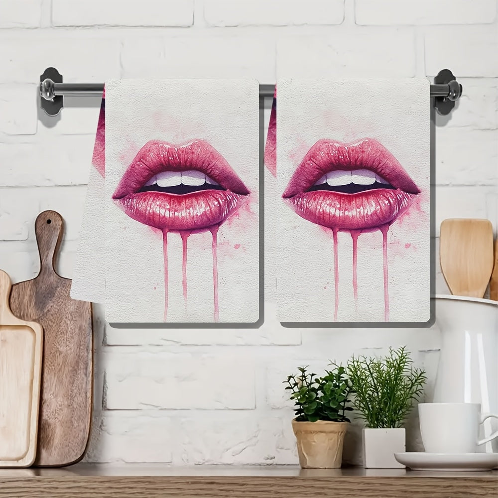 Get your hands on two incredibly soft kitchen towels featuring a Valentine's Day lips design. These towels are highly absorbent, machine washable, and measure 40.64x60.96 cm. Add a touch of contemporary style to your home and kitchen with these polyester