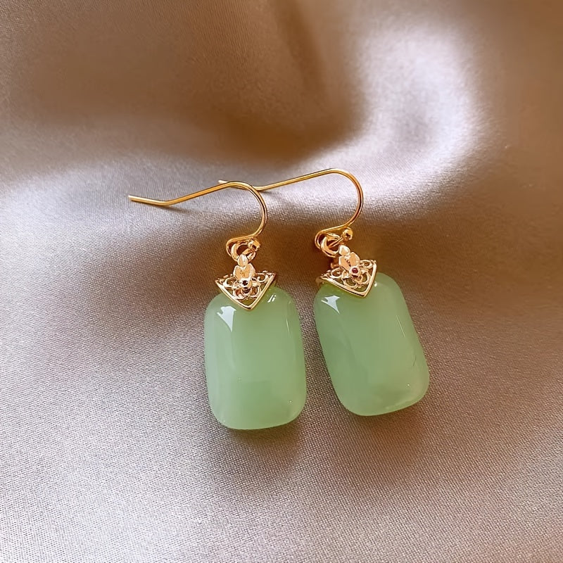 Elegant and Unique Natural Jade Square Earrings for Women, Featuring a Luxurious and High-End Design