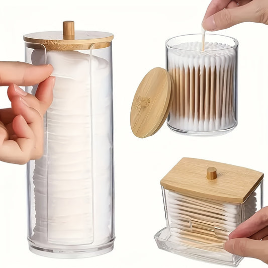 3 transparent storage jars with bamboo lids for organizing swabs, pads, and floss. Includes wooden dispenser box. Ideal for bathroom and home office organization.