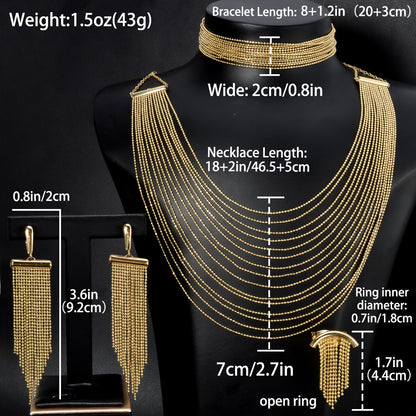 ZEADEAR Copper Jewelry Set includes a pair of dangle earrings, a ring, and a necklace all featuring tassel design. Perfect for women to wear at wedding parties or as stylish decor.