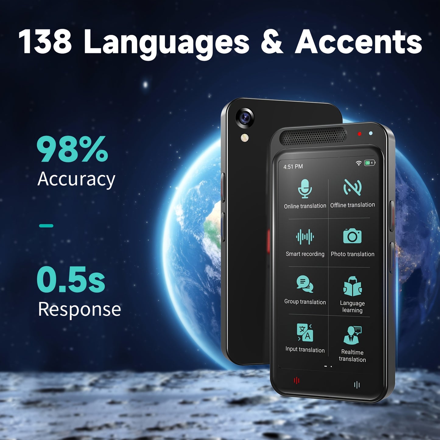 VORMOR Smart Language Translator Device offers voice and photo translation in 138 languages. It has offline and online capabilities, a rechargeable battery, WiFi/hotspot connectivity, and