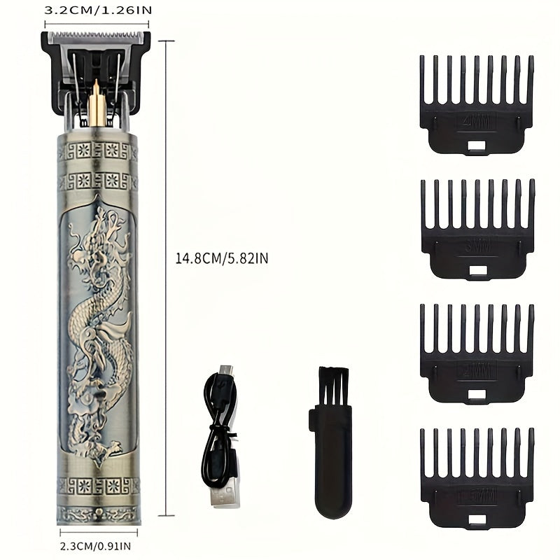 USB rechargeable hair clippers for men with guide combs for precise haircuts.