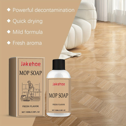 The Jakehoe Mop Soap is a 500ml solution designed to quickly remove stains and watermarks from floors. This residue-free liquid floor cleaner is suitable for various floor materials and contains sodium bicarbonate. With a capacity of less than 1 liter