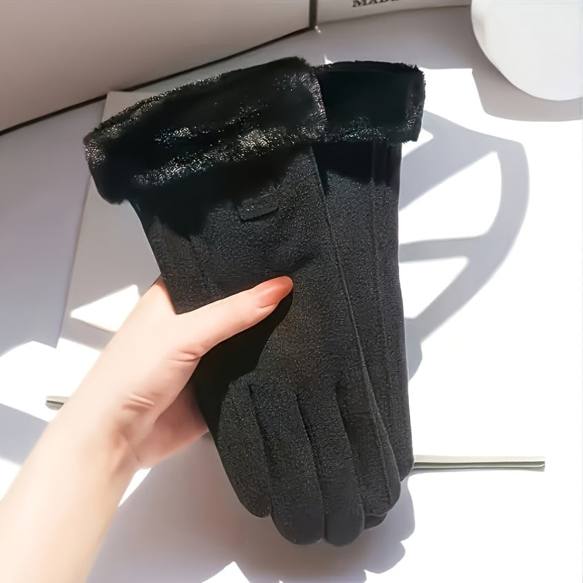 Stay warm and stylish with these cozy women's beige touchscreen gloves. Made with thick warm plush lining and full finger design, these winter gloves are crafted with knitted polyester material for ultimate comfort. The inelastic fit provides a snug