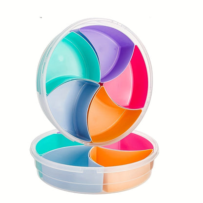 Fruit snack serving tray with lid, 30.99 cm container, 5-compartment round platter for parties.