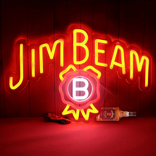 Jim Beam Whiskey LED Neon Sign, perfect for men's private spaces, bedrooms, bars, and parties. Wall decoration, USB-powered. Ideal for gifts.