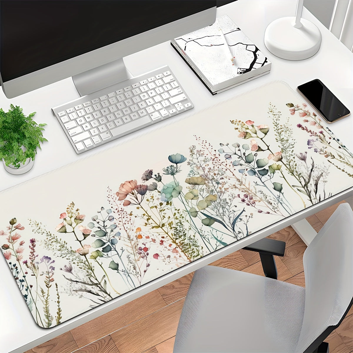 White Floral Rubber Desk Mat: Non-slip, washable, thick & durable. Ideal for office and home workspace. Suitable for laptop, keyboard, and mouse. Artistic design. Washable desk pad.