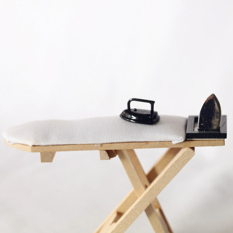 Handmade 1/12 Scale Miniature Ironing Board with Iron Set - Crafted from Wood and Metal, Enhanced with Resin and Manufactured Wood Accents - Great for Dollhouse Kitchen and Living Room Decor, Excellent Gift for Holidays and Special Occasions.