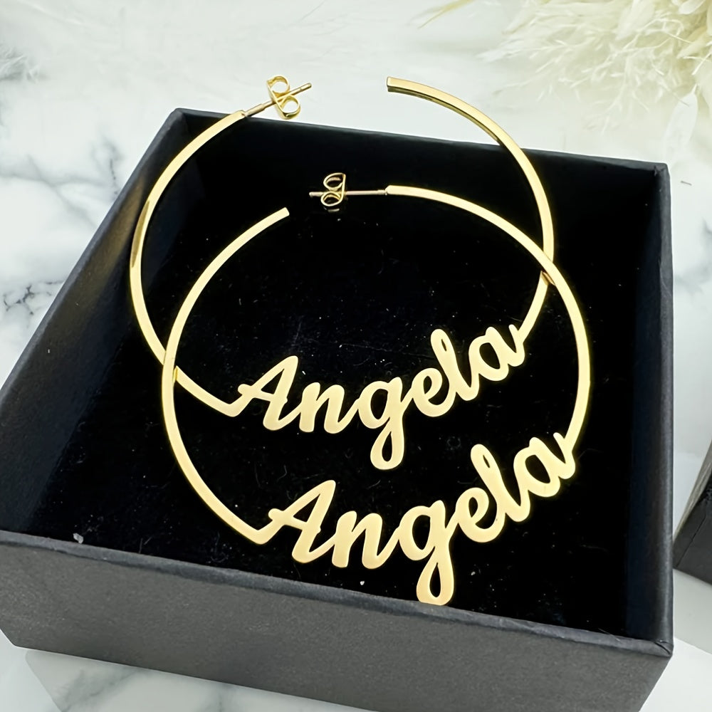 Engraved Stainless Steel Hoop Earrings with Custom Name - Boho-Chic Design, Ideal for Mom & Special Events, Unique Gift Option, Pendant Earrings, Bohemian Flair, Elegant Finish, Festive Touch.