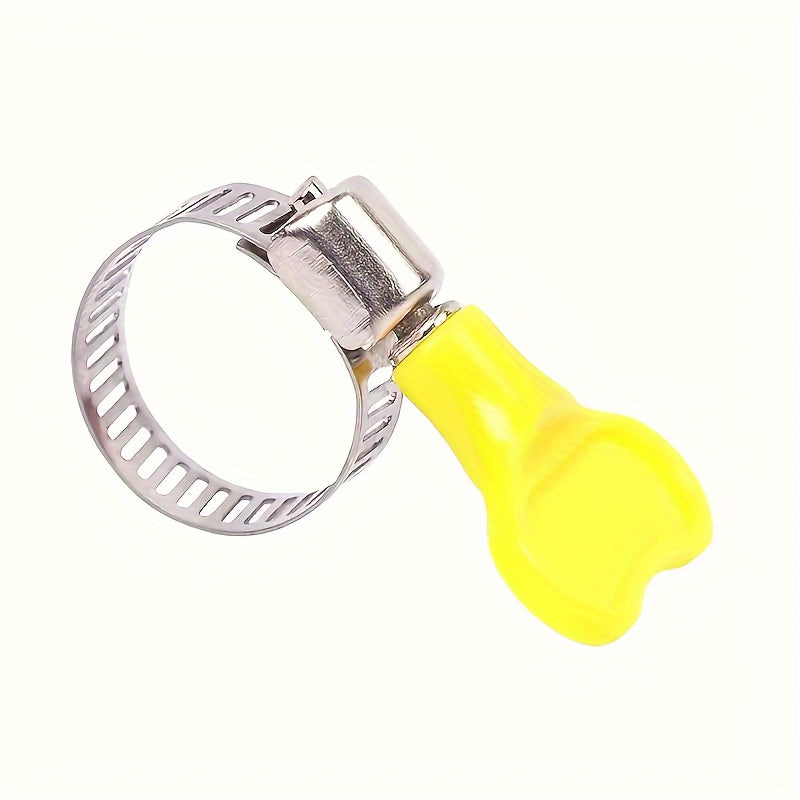 Twist-On Hose Clips: 12 Stainless Steel Clamps with Yellow Plastic Handles, Ideal for Plumbing and Automotive Repairs.