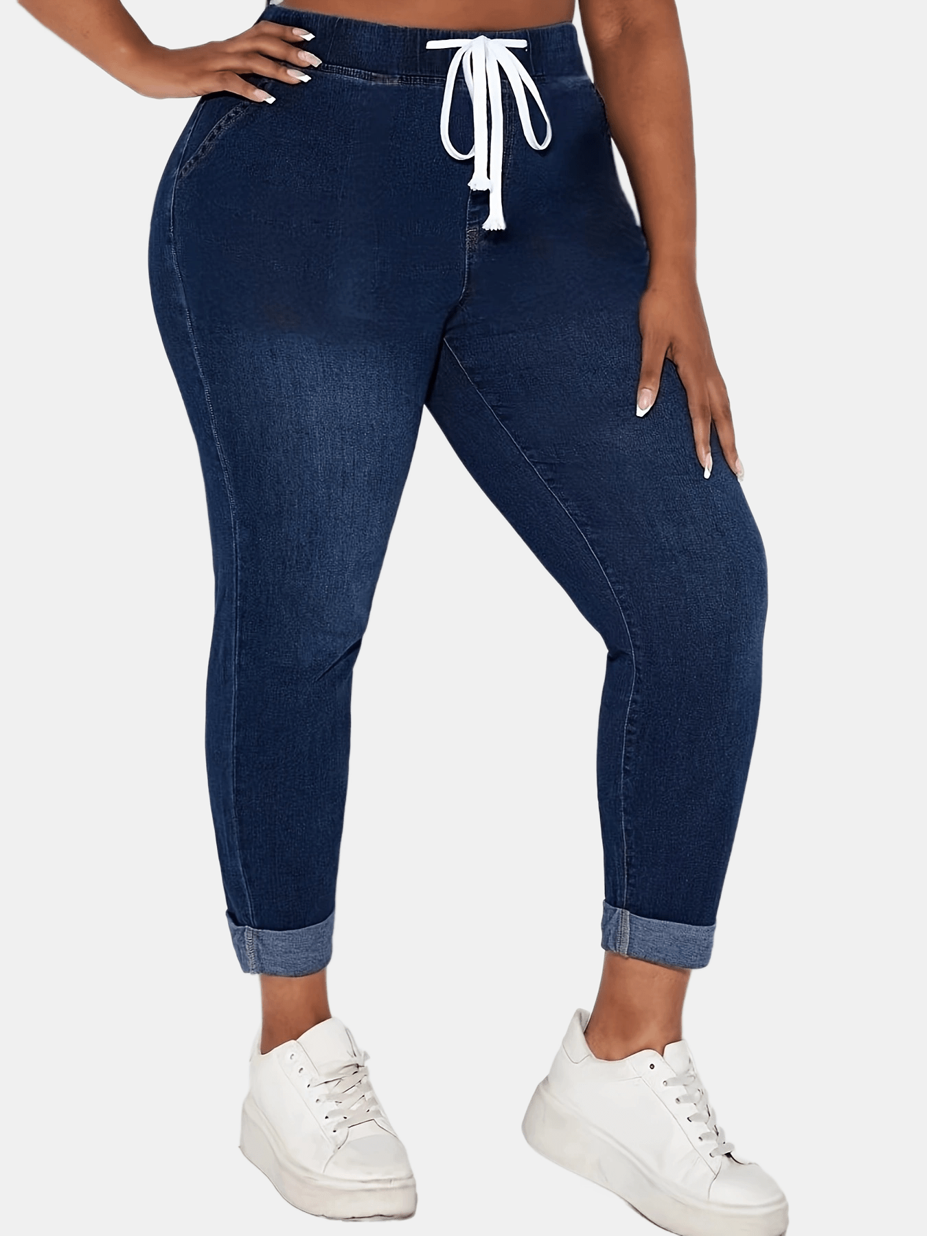 Womens' Plus Size High Waist Denim Jeans, Stretchy Cotton Blend, Solid Color, Long Skinny Fit, with Drawstring Waist and Cuffed Hem, All Season Wear