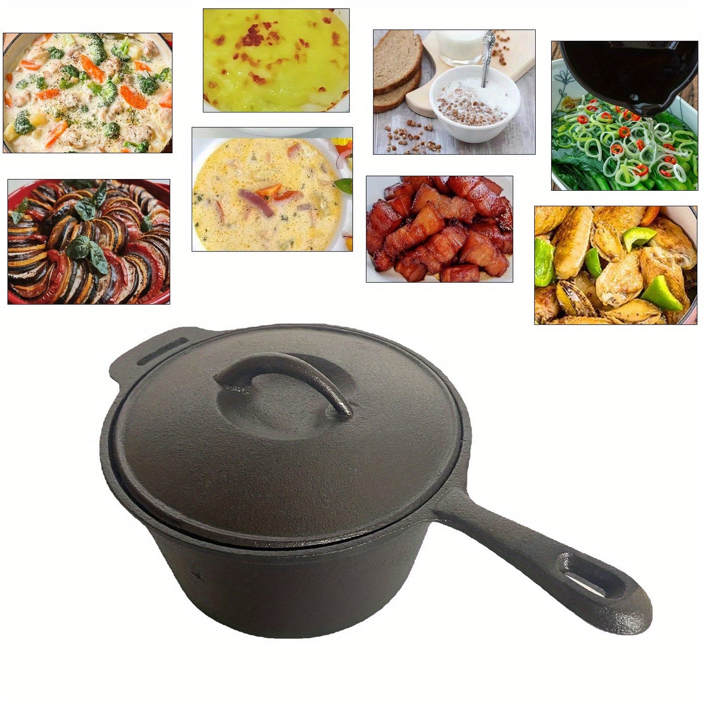 This set includes two black cast iron milk pots with glass lids and oil pouring spouts, perfect for precise heating of milk, juice, soup, eggs, and other dishes. Designed for use on gas stoves.