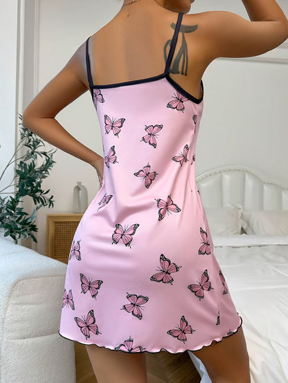 Casual butterfly print sleepwear dress with frill trim and round neckline, backless slip style for comfort.