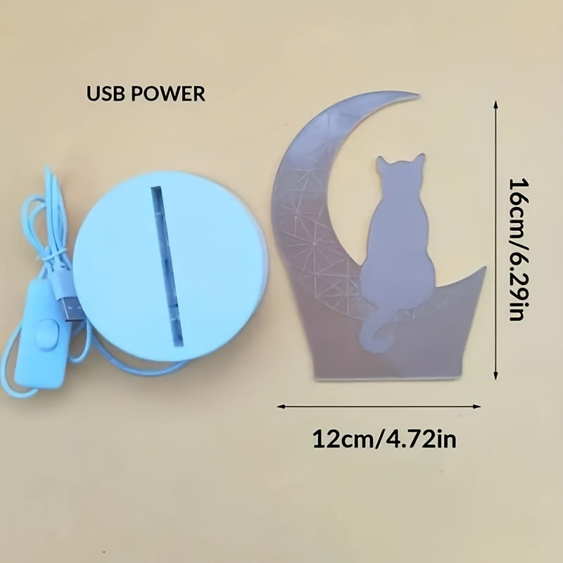 3D Cat on Moon Night Light: USB-Powered Table Lamp, Switch-Controlled Uplight for Home Decor, No Batteries Required.