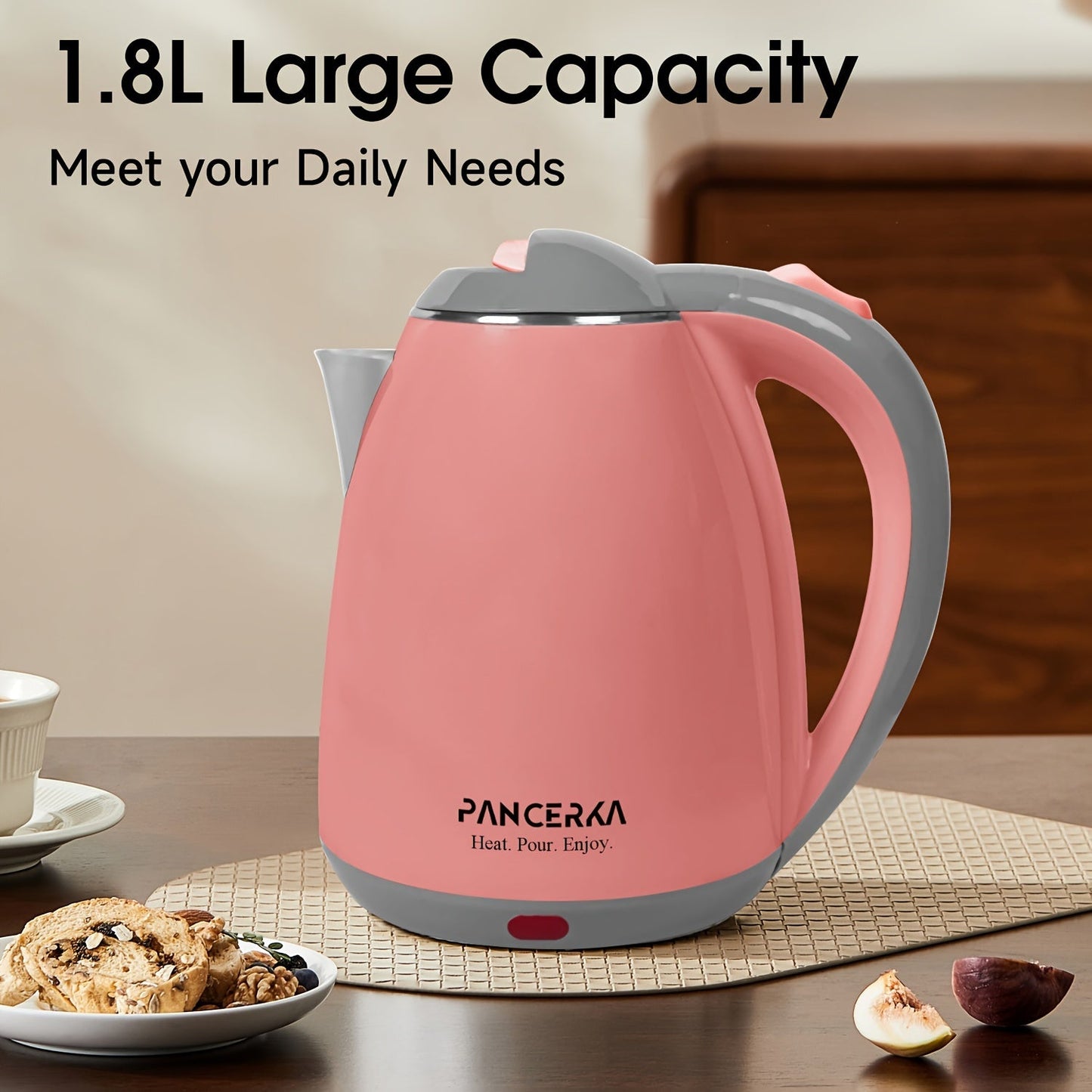 Get ready to experience quick and convenient boiling with the 1pc PANCERKA Electric Kettle. This 1500W kettle can rapidly boil 1.8L of water with its auto shut off feature for safety. Made of stainless steel, it is powered by a 220V European Standard