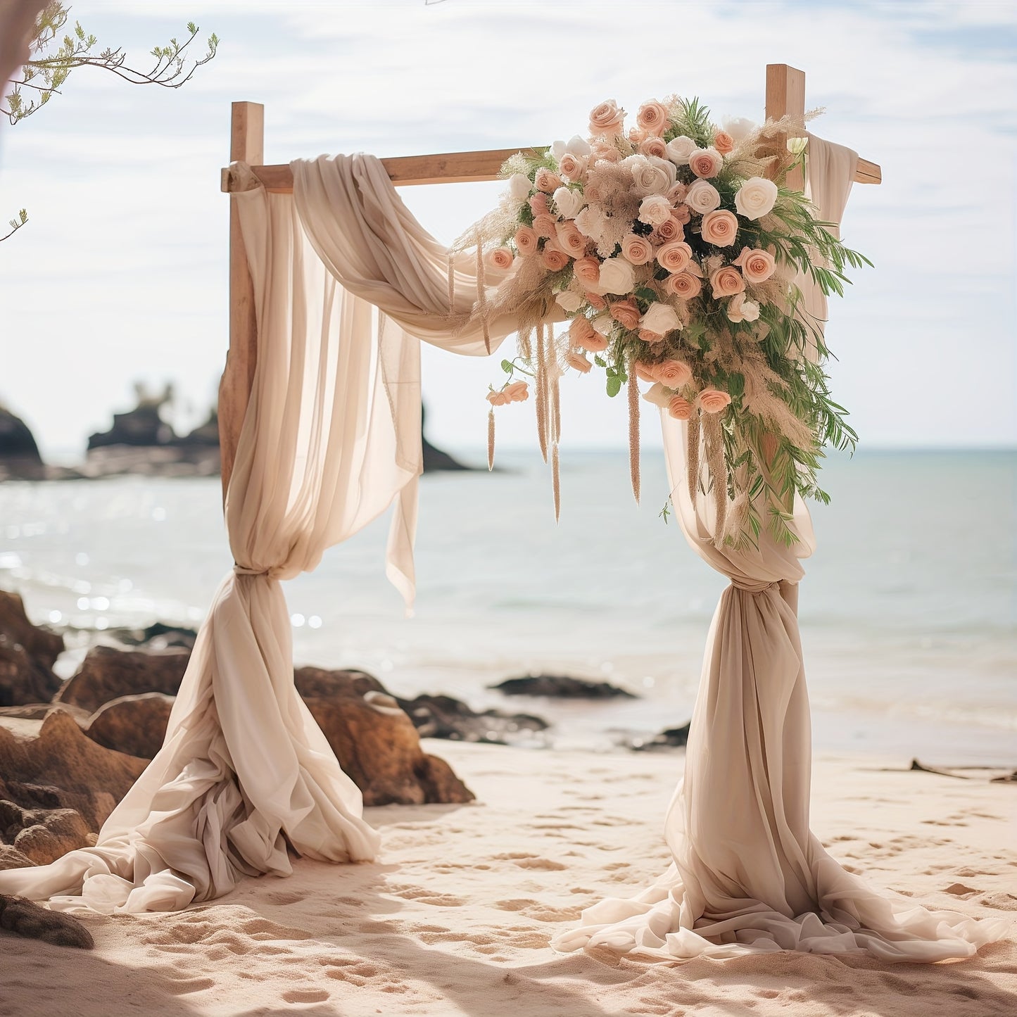 Polyester sheer fabric draping panel for wedding arch, backdrop curtain voile drapery for woodland ceremony, party decor, outdoor reception table runner.