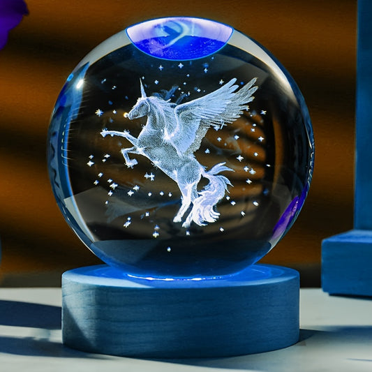 Magical Unicorn 3D Crystal Ball with LED Base - USB Night Light, Ideal Home Decor & Gifts for Birthdays and Valentine's Day.