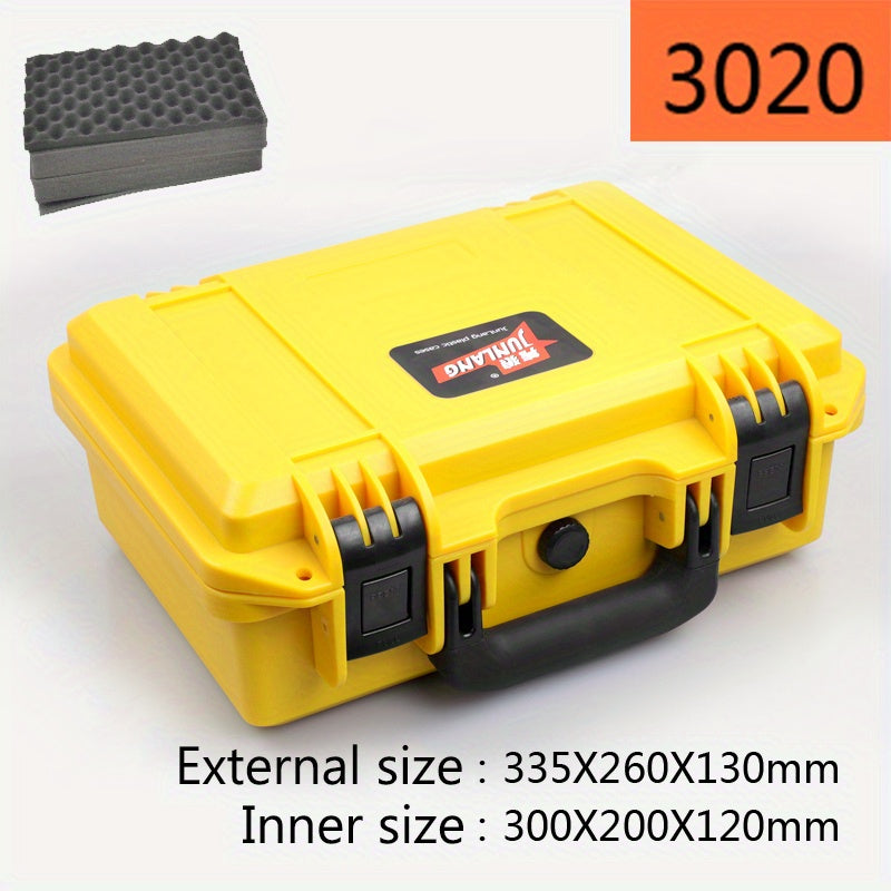 Portable plastic safety protection box for instruments, cameras, and tools. Waterproof and shockproof with sponge padding.