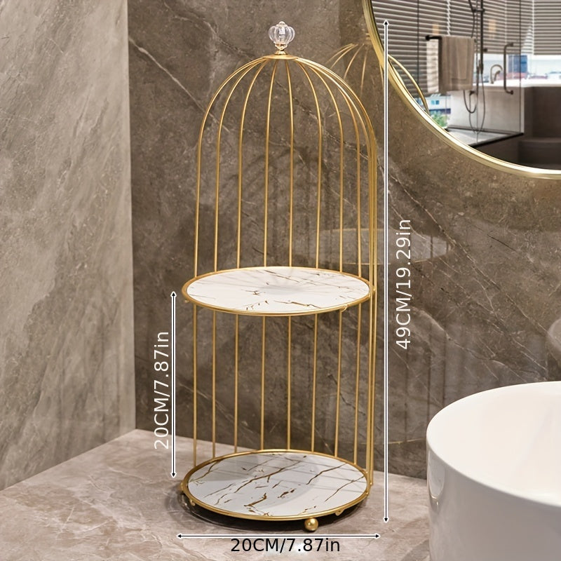 Luxury gold-toned cast iron makeup organizer with cage-shaped bathroom shelf for elegant display of perfumes and skincare products on vanity or countertop.