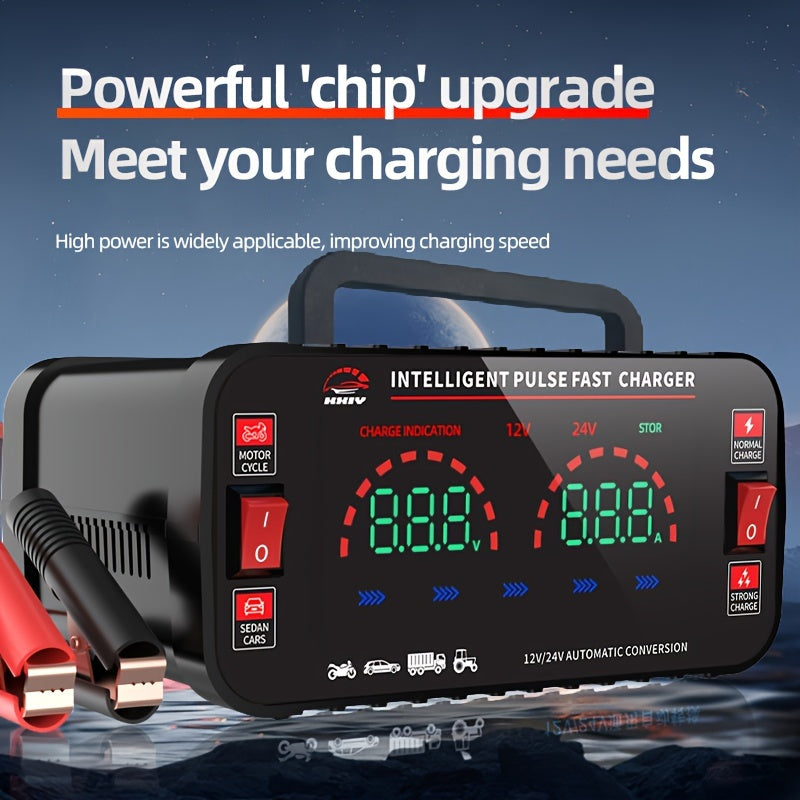 High-power car charger with maintenance function and automatic 110/220V identification for battery charging.