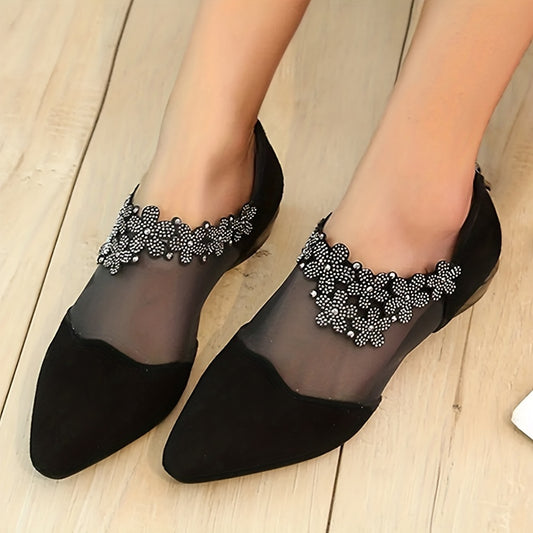 Rhinestone mesh low heels with pointed toe, back zipper, and chunky heel sandals.