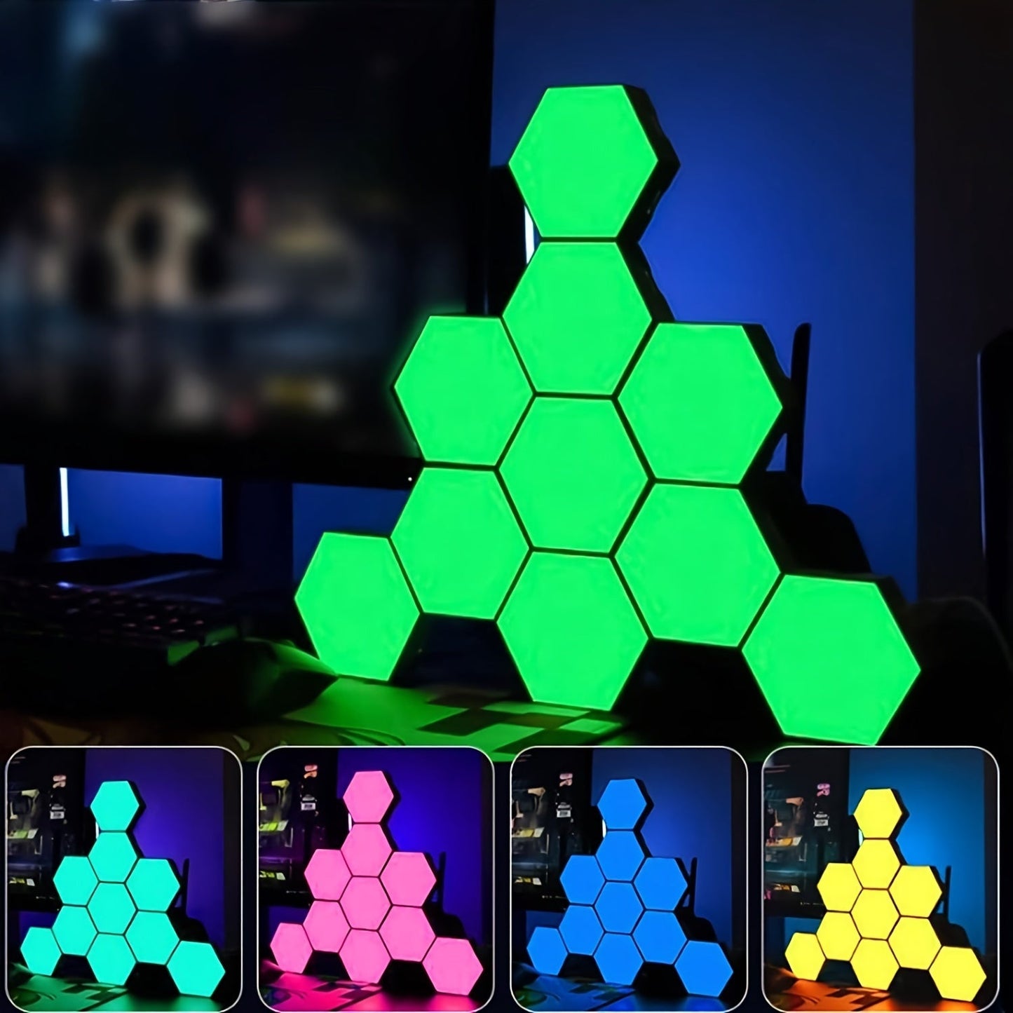 Smart RGB Hexagon LED Wall Lights with Sound Remote Control - Set of 10 Pieces. Modular Panels for DIY Geometry Splicing and Music Sync. Perfect for Room Decor.