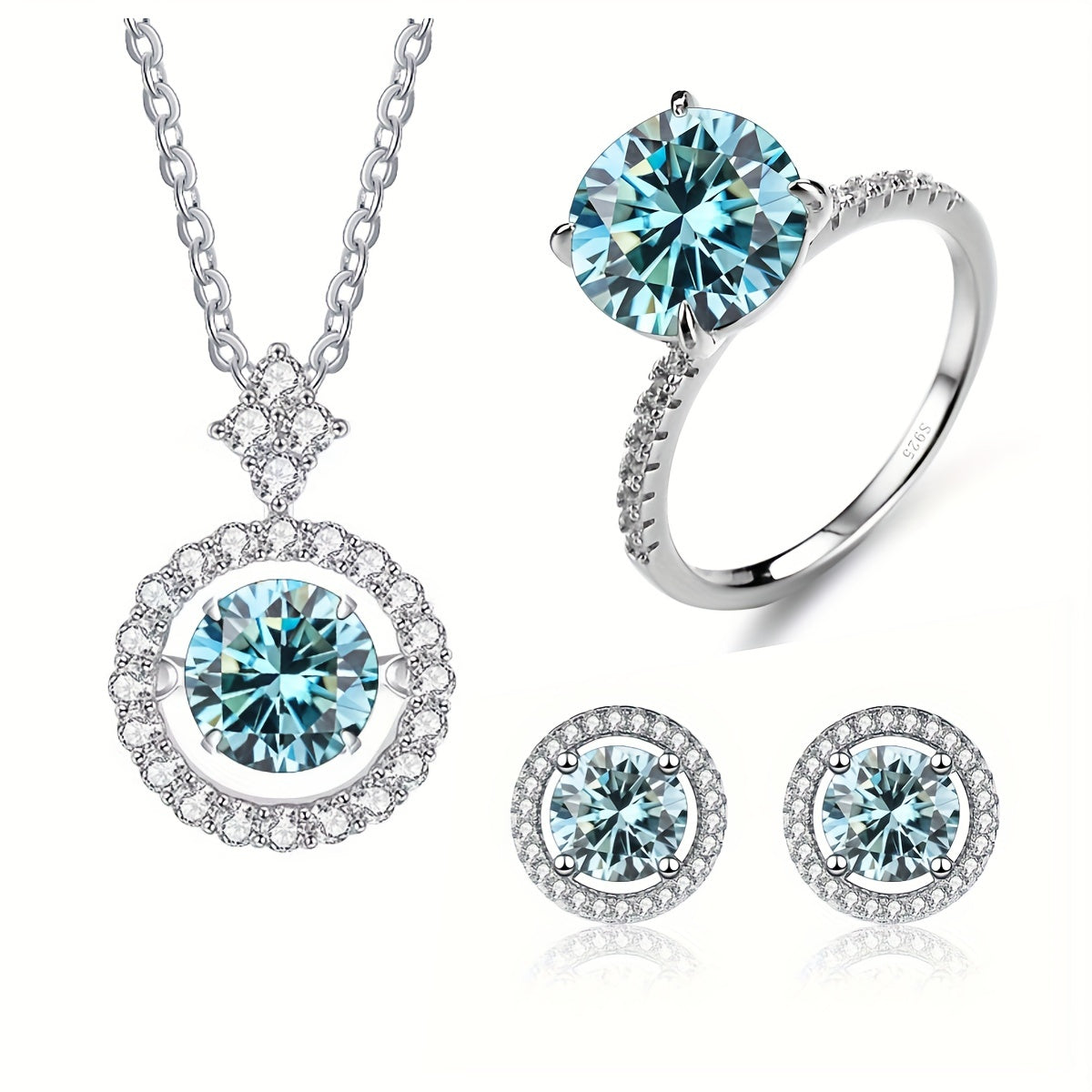 Set of 4 Moissanite Earrings (1ct each)*2, 1ct Moissanite Ring, and 3ct Moissanite Necklace in 925 Sterling Silver. Available in Multiple Colors with Gift Box