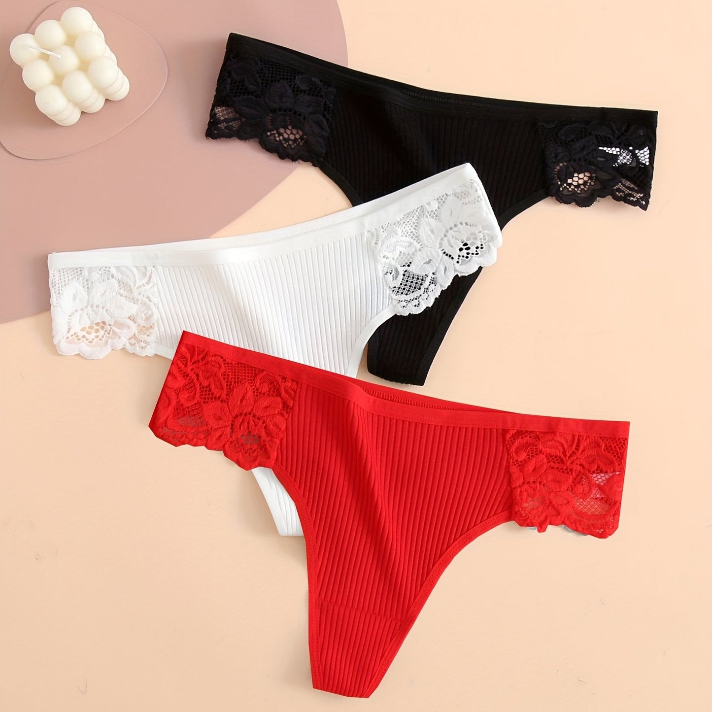 3 contrast lace thongs, soft and comfy ribbed panties, women's lingerie and underwear.