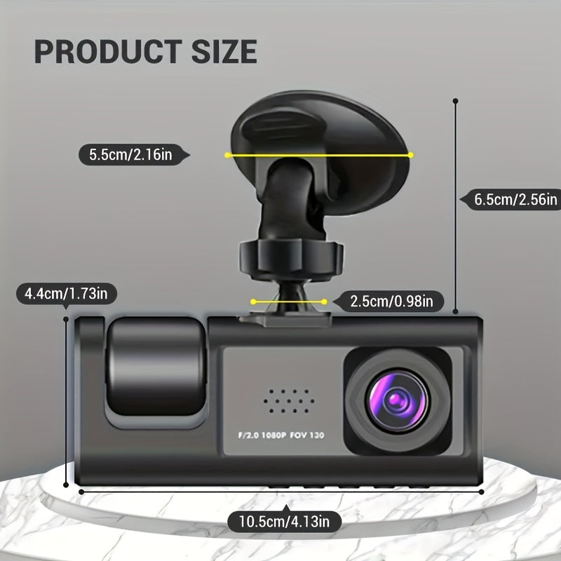 Vavupo 3-camera dash cam records front and interior in 1080P with G-sensor, night vision, and wide-angle for driving safety.