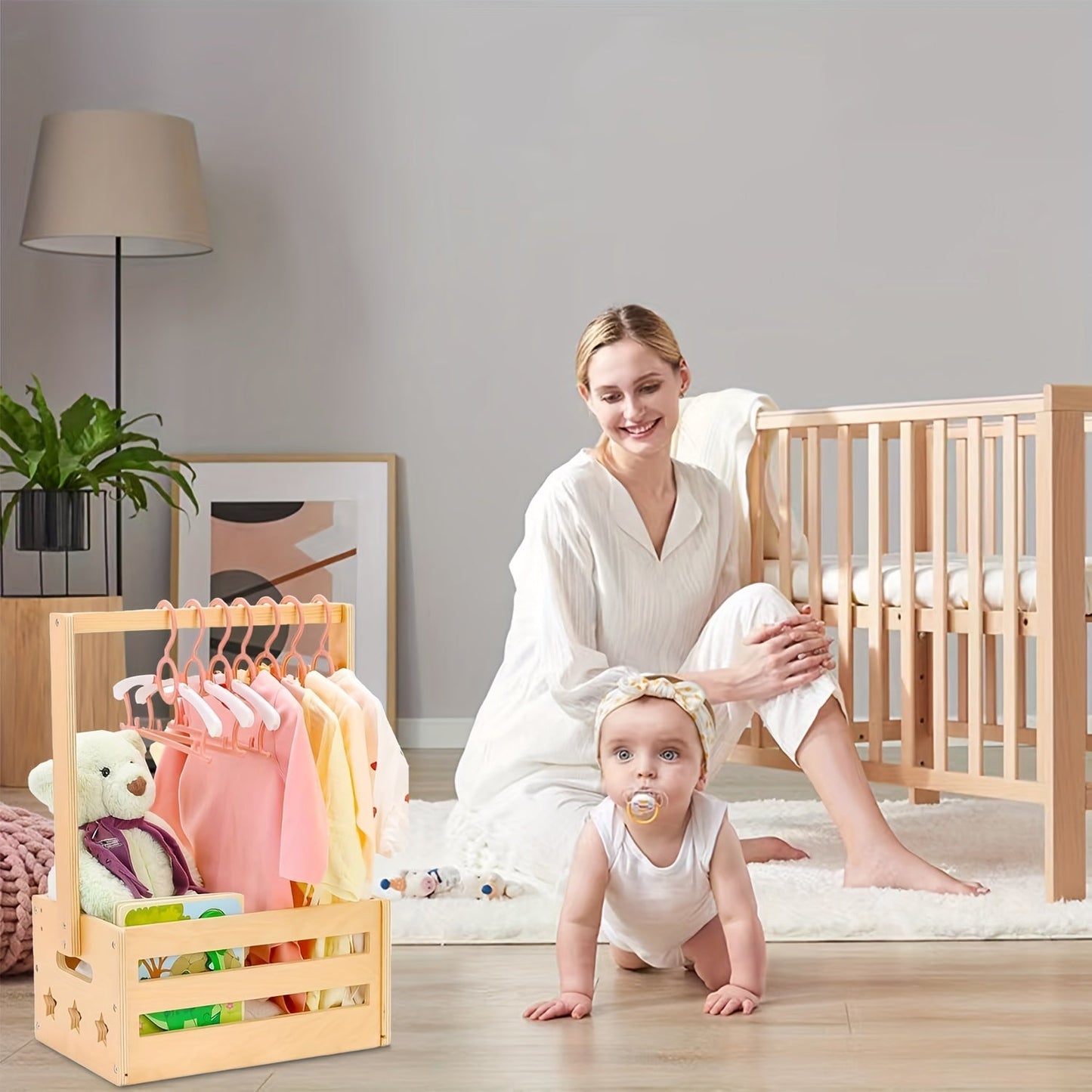 Wooden Baby Hamper Storage Box with Handle - Perfect for Nursery Organization and Baby Supplies. Great for Toy Storage, Bath Stand, or Shower Caddy. Suitable for Infants 14 Months and Up.