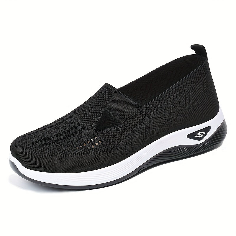 Women's breathable knit slip on sneakers, lightweight and solid colored.