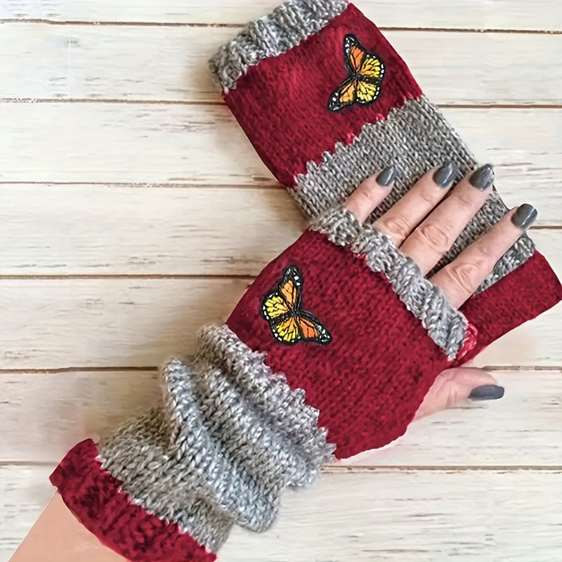 Knit Fingerless Gloves with Butterfly Embroidery, Stylish Color Block Design, Windproof and Warm for Autumn and Winter Writing.