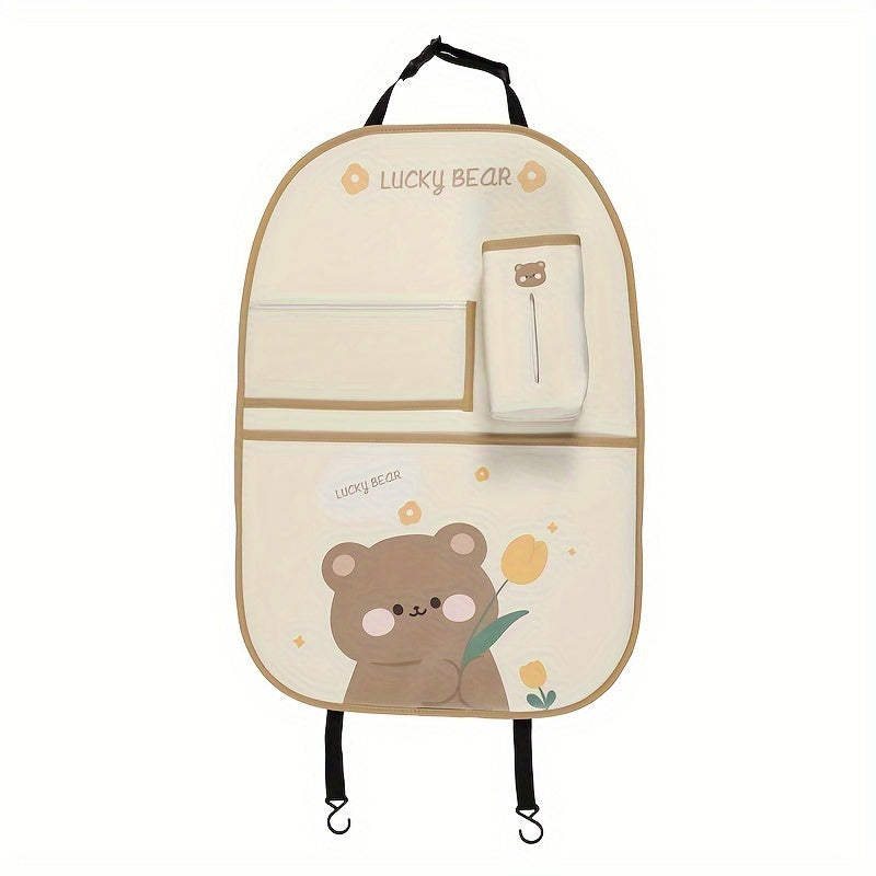 Adorable Bear & Bunny Car Organizer - Versatile Seat Back Storage with Trash Bin, Tissue Holder, Cup & Phone Slots, Long-lasting Faux Leather, Simple to Clean - Ideal Gift for the Holidays