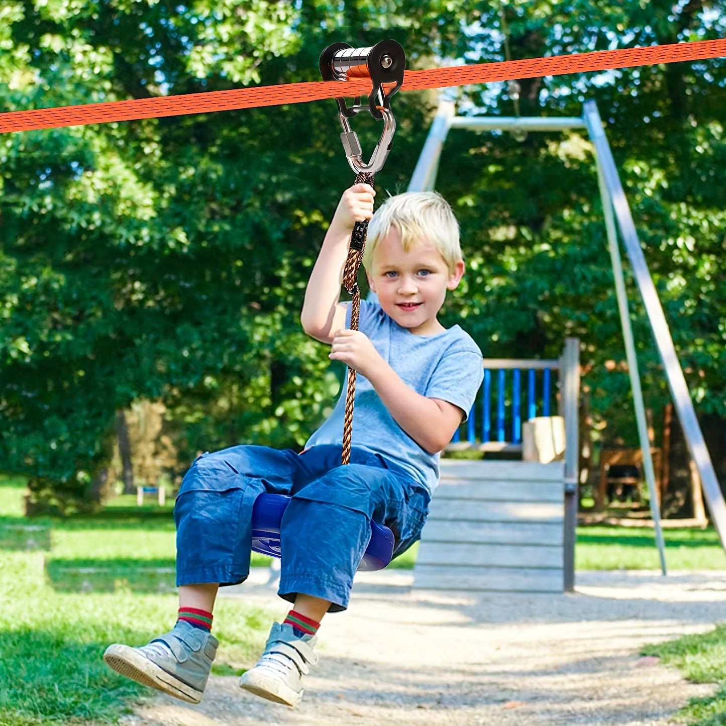 One orange polyester zip line set, 15.24 meters, suitable for kids and adults, max load 149.69KG, ideal for warrior obstacle courses.