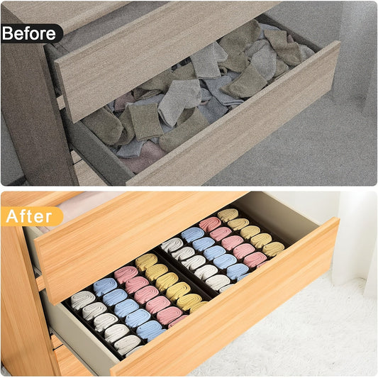 Set of 2 Socks Drawer Storage Boxes and 2 Underwear Storage Racks with 24 Compartments. These Foldable Wardrobe Storage Boxes are perfect for organizing Socks, Handkerchiefs, Ties, Belts, and more in a variety of colors.